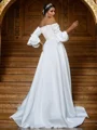 A-Line/Princess Charmeuse Ruffles Off-the-Shoulder 3/4 Sleeves Sweep Train Wedding Dresses