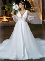 A-Line/Princess Tulle Ruffles V-neck Long Sleeves Court Train Wedding Dresses