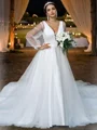 A-Line/Princess Tulle Ruffles V-neck Long Sleeves Court Train Wedding Dresses