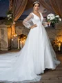 A-Line/Princess Tulle Ruffles V-neck Long Sleeves Court Train Wedding Dresses