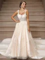 A-Line/Princess Tulle Applique Straps Sleeveless Court Train Wedding Dresses