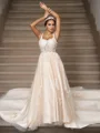 A-Line/Princess Tulle Applique Straps Sleeveless Court Train Wedding Dresses