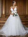 A-Line/Princess Tulle Ruffles V-neck Sleeveless Sweep Train Wedding Dresses