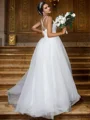 A-Line/Princess Tulle Ruffles V-neck Sleeveless Sweep Train Wedding Dresses