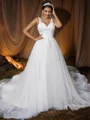 A-Line/Princess Tulle Applique V-neck Sleeveless Court Train Wedding Dresses