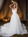A-Line/Princess Tulle Applique V-neck Sleeveless Court Train Wedding Dresses