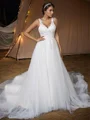 A-Line/Princess Tulle Applique V-neck Sleeveless Court Train Wedding Dresses