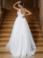 A-Line/Princess Tulle Applique V-neck Sleeveless Sweep Train Wedding Dresses