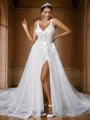 A-Line/Princess Lace Applique V-neck Sleeveless Sweep Train Wedding Dresses