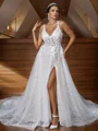 A-Line/Princess Lace Applique V-neck Sleeveless Sweep Train Wedding Dresses