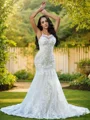 Trumpet/Mermaid Lace Ruffles Spaghetti Straps Sleeveless Sweep Train Wedding Dresses