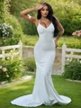 Sheath/Column Stretch Crepe Ruffles V-neck Sleeveless Sweep Train Wedding Dresses