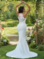 Sheath/Column Stretch Crepe Ruffles V-neck Sleeveless Sweep Train Wedding Dresses