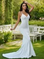 Sheath/Column Stretch Crepe Ruffles V-neck Sleeveless Sweep Train Wedding Dresses