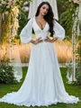 A-Line/Princess Chiffon Ruffles V-neck Long Sleeves Sweep Train Wedding Dresses