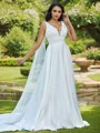A-Line/Princess Satin Applique V-neck Sleeveless Sweep Train Wedding Dresses