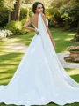 A-Line/Princess Satin Applique V-neck Sleeveless Sweep Train Wedding Dresses