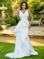 Sheath/Column Satin Ruffles V-neck Sleeveless Sweep Train Wedding Dresses
