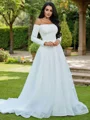 A-Line/Princess Tulle Ruffles Off-the-Shoulder Long Sleeves Sweep Train Wedding Dresses