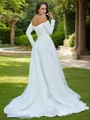 A-Line/Princess Tulle Ruffles Off-the-Shoulder Long Sleeves Sweep Train Wedding Dresses