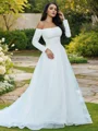 A-Line/Princess Tulle Ruffles Off-the-Shoulder Long Sleeves Sweep Train Wedding Dresses