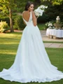A-Line/Princess Tulle Lace Scoop Sleeveless Sweep Train Wedding Dresses