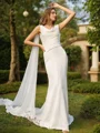 Sheath/Column Satin Ruched Scoop Sleeveless Sweep Train Wedding Dresses