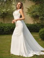 Sheath/Column Satin Ruched Scoop Sleeveless Sweep Train Wedding Dresses