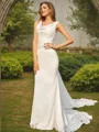 Sheath/Column Satin Ruched Scoop Sleeveless Sweep Train Wedding Dresses