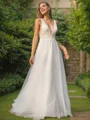 A-Line/Princess Tulle Applique V-neck Sleeveless Sweep Train Wedding Dresses