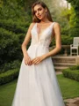 A-Line/Princess Tulle Applique V-neck Sleeveless Sweep Train Wedding Dresses