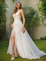 A-Line/Princess Tulle Applique V-neck Sleeveless Sweep Train Wedding Dresses