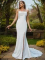 Sheath/Column Charmeuse Ruched Spaghetti Straps Sleeveless Sweep Train Wedding Dresses
