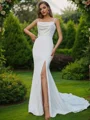 Sheath/Column Charmeuse Ruched Spaghetti Straps Sleeveless Sweep Train Wedding Dresses