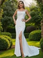 Sheath/Column Charmeuse Ruched Spaghetti Straps Sleeveless Sweep Train Wedding Dresses