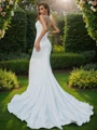 Sheath/Column Charmeuse Ruched Spaghetti Straps Sleeveless Sweep Train Wedding Dresses