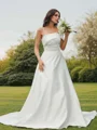 A-Line/Princess Satin Ruched Strapless Sleeveless Sweep Train Wedding Dresses