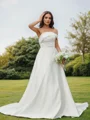 A-Line/Princess Satin Ruched Strapless Sleeveless Sweep Train Wedding Dresses