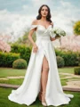 A-Line/Princess Satin Ruched Off-the-Shoulder Sleeveless Sweep Train Wedding Dresses