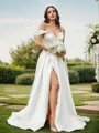 A-Line/Princess Satin Ruched Off-the-Shoulder Sleeveless Sweep Train Wedding Dresses