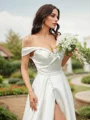A-Line/Princess Satin Ruched Off-the-Shoulder Sleeveless Sweep Train Wedding Dresses