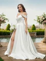A-Line/Princess Satin Ruched Off-the-Shoulder Sleeveless Sweep Train Wedding Dresses