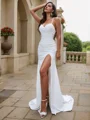 Sheath/Column Chiffon Ruched V-neck Sleeveless Sweep Train Wedding Dresses