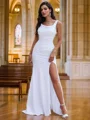 Sheath/Column Stretch Crepe Ruched Straps Sleeveless Sweep Train Wedding Dresses
