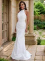 Sheath/Column Stretch Crepe Ruched Halter Sleeveless Sweep Train Wedding Dresses