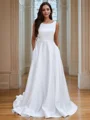 A-Line/Princess Satin Ruffles Scoop Sleeveless Sweep Train Wedding Dresses