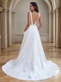 A-Line/Princess Satin Ruffles Scoop Sleeveless Sweep Train Wedding Dresses
