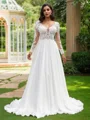 A-Line/Princess Chiffon Applique V-neck Long Sleeves Sweep Train Wedding Dresses
