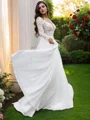 A-Line/Princess Chiffon Applique V-neck Long Sleeves Sweep Train Wedding Dresses