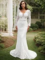 Sheath/Column Lace Hand-Made Flower V-neck Long Sleeves Sweep Train Wedding Dresses